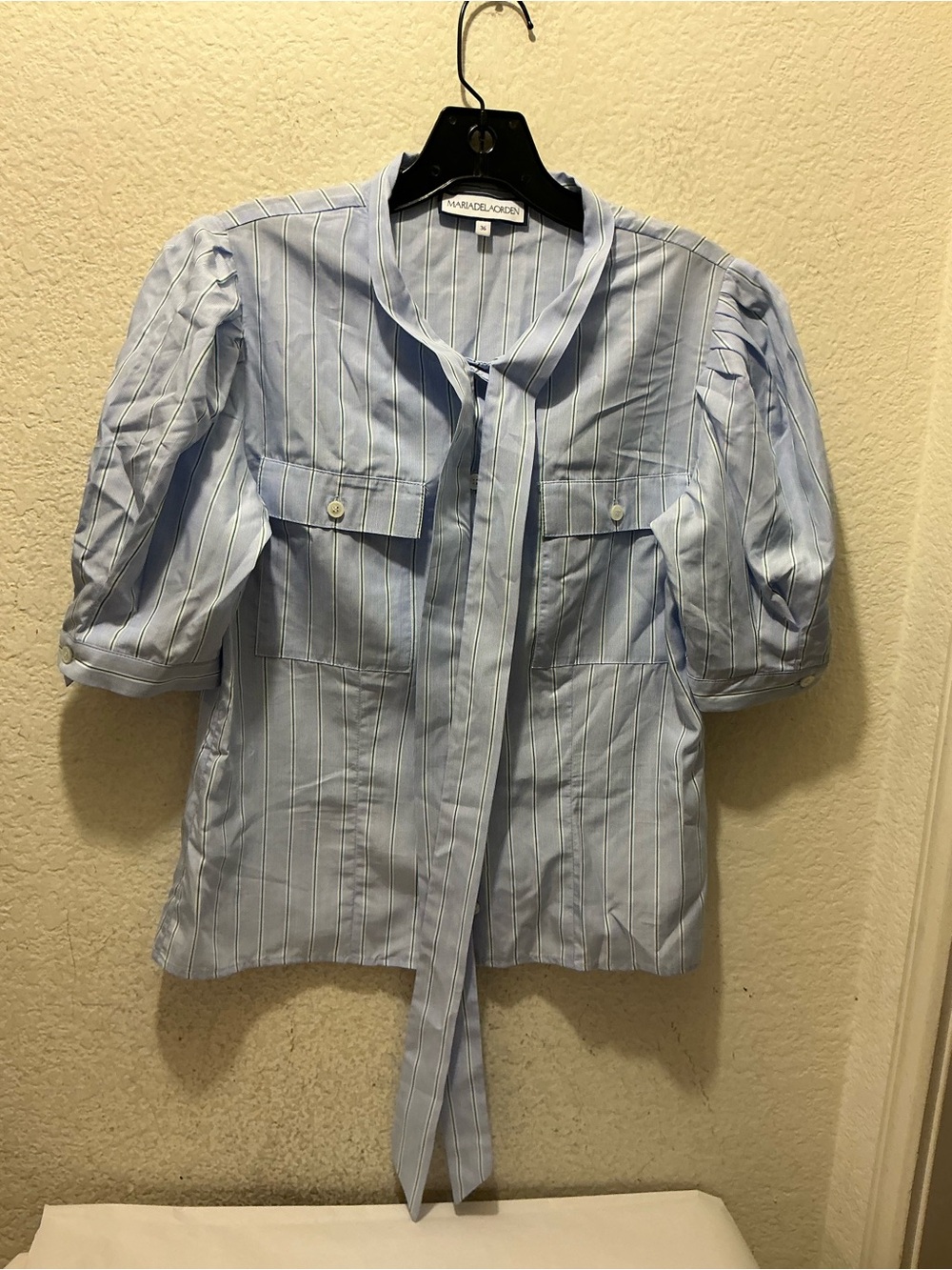 Mariadelaorden Light Blue Striped Puff-Sleeve Dress Shirt size 36
